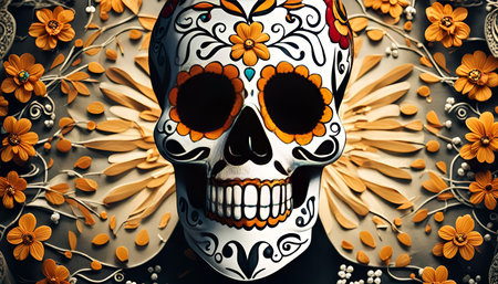 A sugar skull, adorned with intricately floral patterns, is the central element of this image. The...