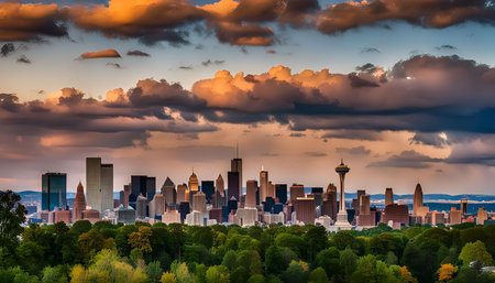 A breathtaking view of the skyline at sunset with clouds forming an epic backdrop.の写真素材