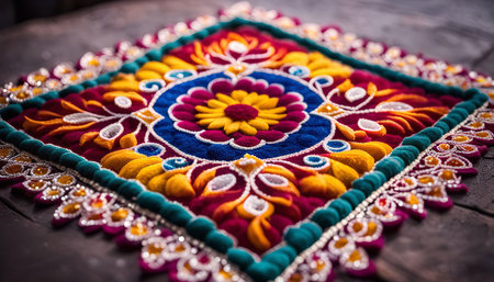 A vibrant and intricate rangoli design, a traditional Indian art form used for decoration and celebration, showcasing colorful patterns and floral motifs.の写真素材