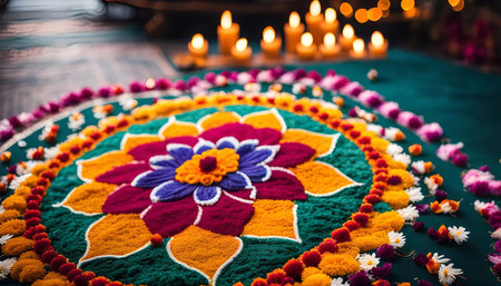 A close-up view of a vibrant Rangoli design, a traditional Indian art form, created with colorful flowers and powder. The design features a central flower motif surrounded by intricate patterns. Candles are burning in the background, adding to the festive atmosphere.の写真素材