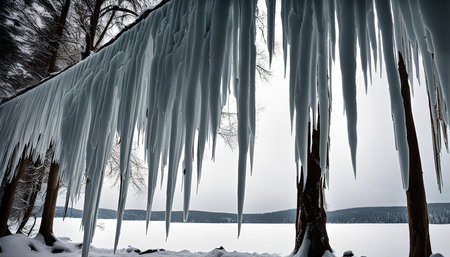 A stunning view of icicles hanging over a frozen lake in a wintery forest. The icicles shimmer in the sunlight and the lake is covered in snow.の写真素材