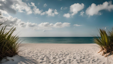 A serene beach scene with white sand, clear blue water, and a bright sky adorned with fluffy clouds. The tranquil landscape evokes a sense of peace and tranquility.の写真素材
