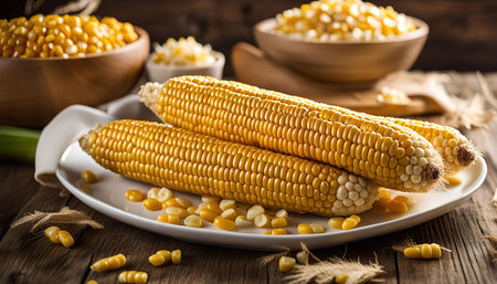 Three ears of fresh yellow corn arranged on a white plate, surrounded by scattered kernels.