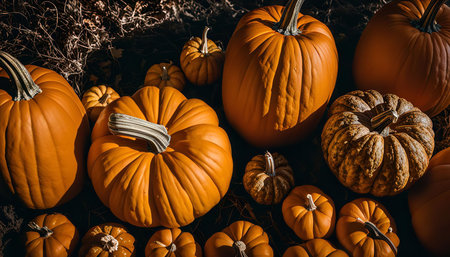 A close-up photograph of various pumpkins in different sizes and shapes, highlighting their textures and colors. The pumpkins are arranged in a natural setting, likely on a farm or in a garden. The image captures the essence of fall harvest and the abundance of nature.の写真素材
