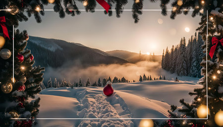 A picturesque winter landscape with snow-covered mountains, a festive Christmas tree adorned with lights and ornaments, and a red Christmas ornament resting on the snowy ground in the foreground. The scene is bathed in the golden light of sunrise, creating a sense of magic and wonder.の写真素材