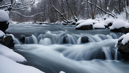 A serene waterfall cascades through a snow-covered forest, creating a mesmerizing scene of winter beauty.の写真素材
