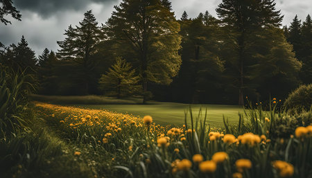 A peaceful meadow with wildflowers blooming under the shadow of a forest.の写真素材