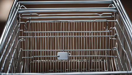 A close-up shot of an empty shopping cart. It is made of metal and has a chrome finish. It is a symbol of consumerism and the act of purchasing goods.の写真素材
