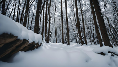 A snowy forest path leading through a dense forest. The trees are covered in snow and the path is barely visible.の写真素材
