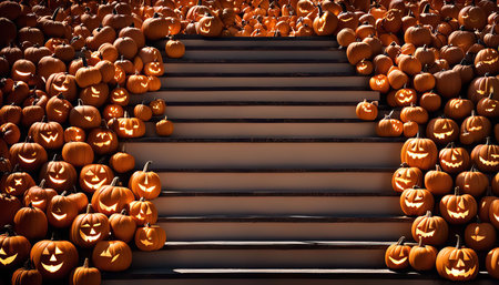 A stairway lined with glowing jack-o-lanterns creates a festive and spooky Halloween atmosphere.の写真素材