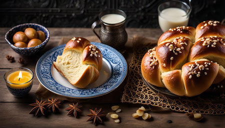 A freshly baked sweet bread with nuts on a wooden table with a glass of milk and a lit candle.の写真素材