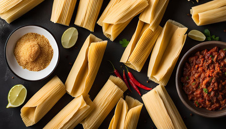 A close-up of a table with fresh corn husks, prepared for making tamales, accompanied by other ingredients such as chili, lime, and sugar.の写真素材