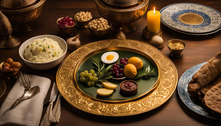 A beautifully set table with a gold rimmed plate filled with a selection of fruits, an egg, and a...