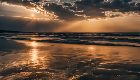 A beautiful sunset over the ocean, showing the golden light reflecting off the water and sand. Dramatic clouds create a breathtaking backdrop.の写真素材