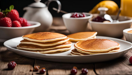 A close-up of a stack of fluffy golden pancakes on a white plate with a raspberry garnish. The pancakes are on a wooden table.の写真素材