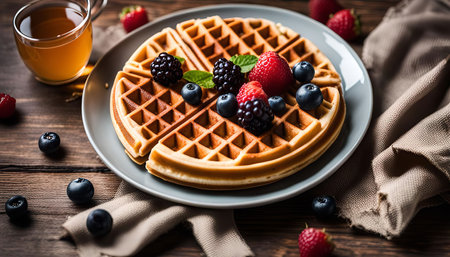 A plate of delicious waffles topped with fresh berries and a cup of tea on a wooden table.の写真素材