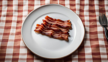 Crispy bacon slices on a white plate, arranged on a red and white checkered tablecloth.の写真素材