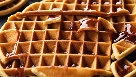 A close-up shot of a stack of golden brown waffles, drizzled with melted caramel. The waffles are crispy, fresh, and look incredibly delicious.の写真素材