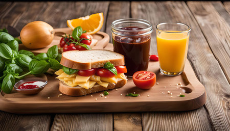 A delicious sandwich with tomato and cheese on a wooden cutting board, accompanied by orange juice, ketchup, and basil.の写真素材