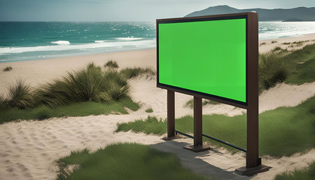 A large green screen billboard on a beautiful beach with blue ocean and white sand in the background.の写真素材