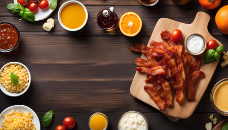 A top-down view of crispy bacon on a wooden board with various side dishes, including corn, sauce, and a tomato. The arrangement is on a wooden table, creating a visually appealing and delicious breakfast or brunch spread.の写真素材