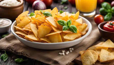 A close-up image of a bowl of crispy tortilla chips, garnished with fresh basil leaves, set on a...