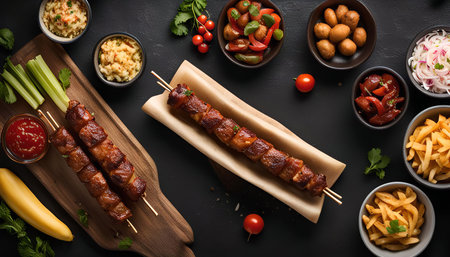 A close-up view of delicious BBQ skewers with a variety of side dishes, perfect for a hearty and flavorful meal.の写真素材