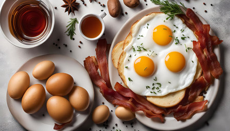 A delicious breakfast with fried eggs, bacon, and toast on a white plate with spices around it. It looks appetizing and ready to be eaten.の写真素材