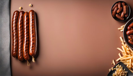 Grilled sausages with crispy fries and snacks on a brown background. A perfect snack or appetizer for any occasionの写真素材