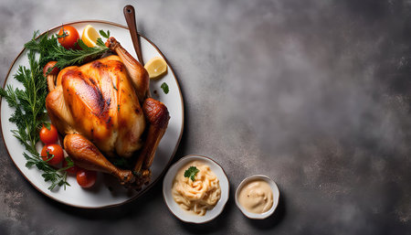 A roasted chicken with golden brown skin is beautifully presented on a white plate garnished with fresh herbs, cherry tomatoes, and lemon slices. Two small bowls with creamy dipping sauces add a touch of decadence to the dish. The image evokes a sense of deliciousness, inviting the viewer to savor the flavors and aromas of a hearty and satisfying meal.の写真素材