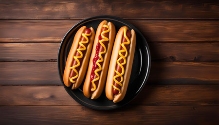 Three hot dogs on a black plate with mustard and ketchup on a wooden table background. The hot dogs are viewed from above.の写真素材