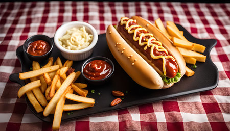 A hot dog on a bun topped with ketchup, mustard, and mayonnaise, served with a side of French fries. The meal is placed on a black plate with a red and white checkered tablecloth.の写真素材
