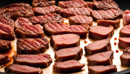 A close-up shot of grilled sliced meat arranged on parchment paper, showing the delicious texture and rich brown color of the meat. The image captures the essence of a savory and flavorful meal.の写真素材