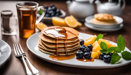 A stack of golden brown pancakes drizzled with maple syrup, accompanied by fresh blueberries and sliced peaches. A glass of tea is on the table, suggesting a perfect, cozy breakfast setup.の写真素材