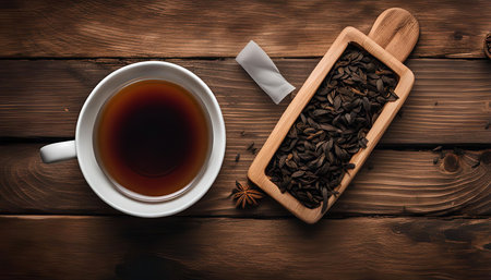 A cup of tea with star anise and tea leaves on a wooden background. The image is taken from a top-down perspective and has a warm and inviting atmosphere.の写真素材