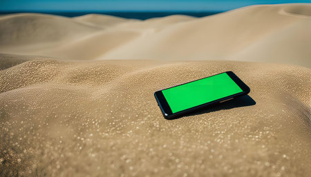 A black smartphone with a green screen lies on a sandy beach, the ocean and the sky are in the backgroundの写真素材