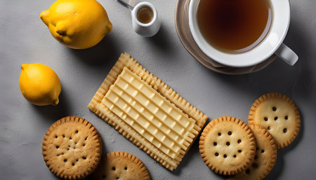 A close up of lemon and biscuits with a cup of tea, a delicious and refreshing snackの写真素材