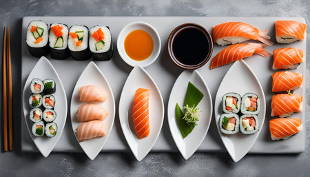 A variety of sushi rolls and nigiri, including salmon nigiri, cucumber and avocado rolls, and spicy tuna rolls.の写真素材