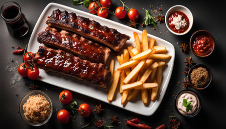 A plate of delicious BBQ ribs with French fries, a variety of dipping sauces, and spices. The ribs...