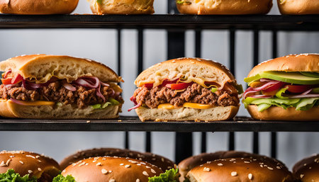 A close-up view of several delicious burgers on display, showing their juicy meat patties, melted cheese, fresh toppings, and sesame seed buns. The burgers are arranged on metal shelves, ready to satisfy any craving.の写真素材