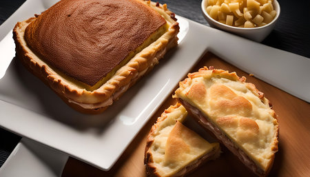 Three delicious ham and cheese tartlets on a white plate and wooden cutting board.