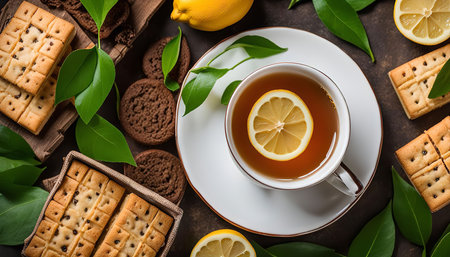 A close-up of a cup of tea with a lemon slice, accompanied by biscuits and fresh lemon slices, creating a classic and comforting tea time scene.の写真素材