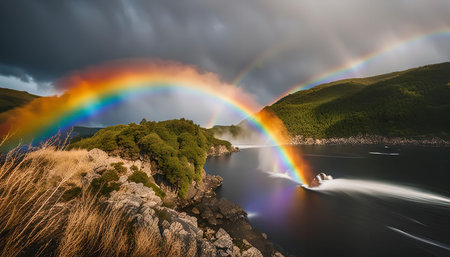 A double rainbow arches over a serene lake surrounded by mountains. The image captures the beauty of nature, with vibrant colors and a peaceful atmosphere.の写真素材