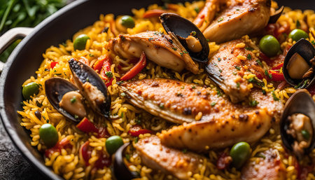 A close-up of a delicious seafood paella dish, featuring rice, mussels, fish, and other flavorful ingredients. The dish is presented in a black skillet and appears ready to be enjoyed.の写真素材