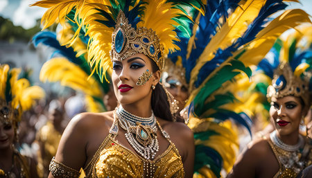 A woman wearing a beautiful and colorful costume with feathers dances in a carnival parade. She is smiling and enjoying the festive atmosphere.の写真素材