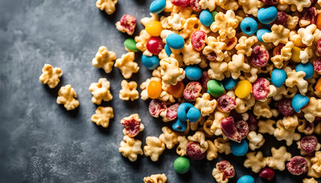 Close up of a colorful popcorn and candy snack, perfect for a movie night or party.の写真素材