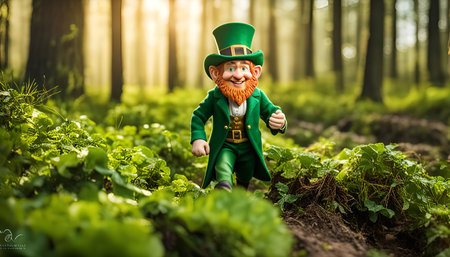 A Leprechaun figure in a green costume and hat is running through a green forest with sunlight filtering through the trees.の写真素材