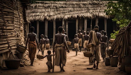 A group of African villagers walk down a dirt path in their village, carrying baskets and heading towards their homes. The scene depicts the simple yet meaningful life within a traditional African community.の写真素材