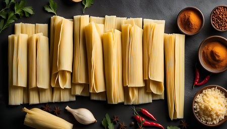 A close-up image of corn husks, ready to be used for making tamales. The husks are arranged on a black surface with a variety of spices and seasonings nearby.の写真素材