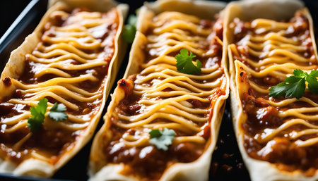 Close-up shot of three enchiladas filled with a savory meat sauce, topped with melted cheese and fresh cilantro. The dish is ready to be served and looks incredibly delicious.の写真素材